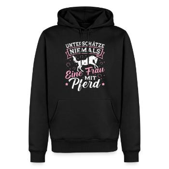 Unterschätze Niemals Eine Frau Pferd Reiterin - Männer Premium Bio Hoodie - Schwarz - Vorne - Nico (187cm)