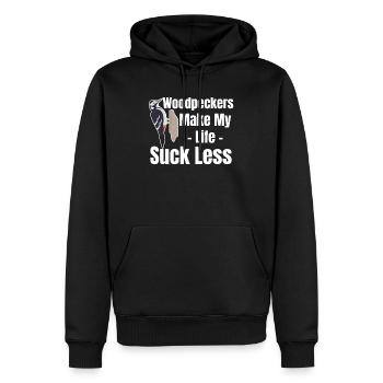 Woodpeckers make life less sucking - Men’s Premium Organic Hoodie - black - Front - Nico (187cm)