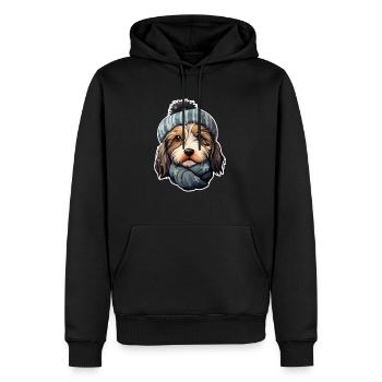 Chien d’hiver dans la neige avec chapeau et écharpe - Sweat à capuche Premium bio Homme - noir - Devant - Nico (187cm)