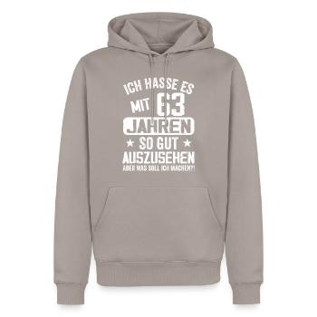63 Jahre Jung - Vintage Geburtstagsspruch - Männer Premium Bio Hoodie - Taupe - Vorne - Nico (187cm)