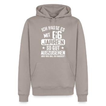 66 Jahre Jung - Vintage Geburtstagsspruch - Männer Premium Bio Hoodie - Taupe - Vorne - Nico (187cm)
