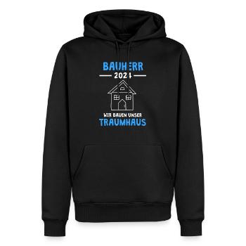 Bauherr 2024 Wir bauen unser Traumhaus Richtfest - Männer Premium Bio Hoodie - Schwarz - Vorne - Nico (187cm)