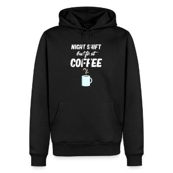 Quart de nuit, mais premier café plus drôle - Sweat à capuche Premium bio Homme - noir - Devant - Nico (187cm)