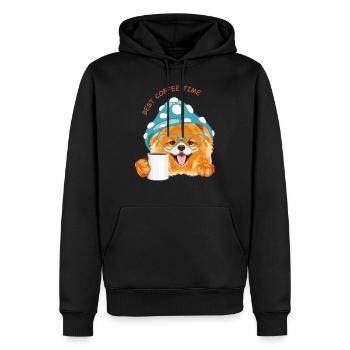 Lächelnder pommerschafter Hund mit einer Tasse Kaffee - Männer Premium Bio Hoodie - Schwarz - Vorne - Nico (187cm)