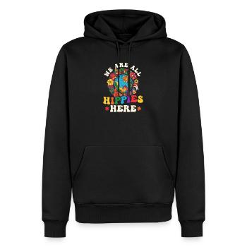 Florales Friedenssymbol Wir sind hier alle Hippies - Männer Premium Bio Hoodie - Schwarz - Vorne - Nico (187cm)