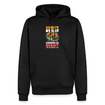 Amerikanisches Indianer-Curry bei Tag, Burger bei Nacht - Männer Premium Bio Hoodie - Schwarz - Vorne - Nico (187cm)