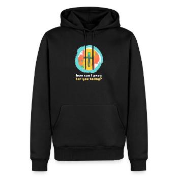 Wie kann ich heute für dich beten? - Männer Premium Bio Hoodie - Schwarz - Vorne - Nico (187cm)