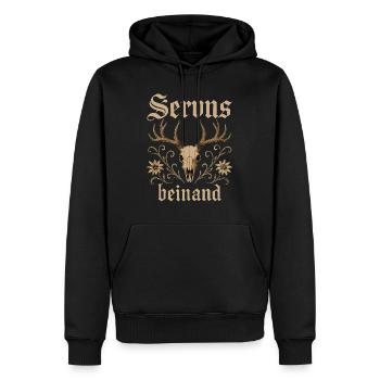 Servus beinand Lederhosn Tracht Bayern Volksfest - Männer Premium Bio Hoodie - Schwarz - Vorne - Nico (187cm)