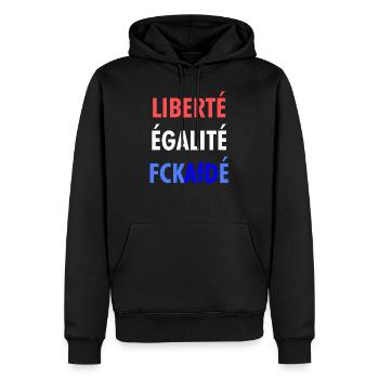 LIBERTÉ ÉGALITÉ FCKAfDÉ - Men’s Premium Organic Hoodie - black - Front - Nico (187cm)