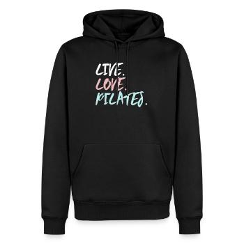 vivre l'amour pilates - Sweat à capuche Premium bio Homme - noir - Devant - Nico (187cm)