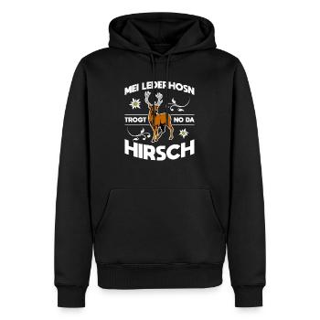Mei Lederhosn Trogt No Da Hirsch Wiesn - Männer Premium Bio Hoodie - Schwarz - Vorne - Nico (187cm)