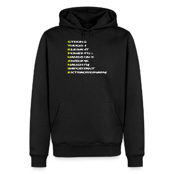 STÉPHANIE Prénom d’adjectifs forment un personnage - Sweat à capuche Premium bio Homme - noir - Devant - Nico (187cm)