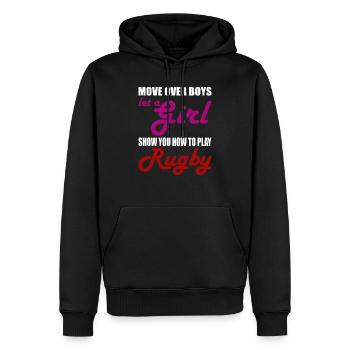 RUGBY WOMAN GIRL SISTER - Men’s Premium Organic Hoodie - black - Front - Nico (187cm)