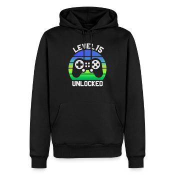 15e cadeau d'anniversaire, 15 ans d'anniversaire - Sweat à capuche Premium bio Homme - noir - Devant - Nico (187cm)