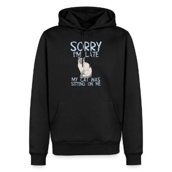 Désolé je suis en retard, mon chat était assis sur moi - Sweat à capuche Premium bio Homme - noir - Devant - Nico (187cm)