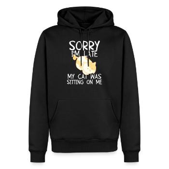 Désolé je suis en retard, mon chat était assis sur moi - Sweat à capuche Premium bio Homme - noir - Devant - Nico (187cm)