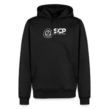 Fondation SCP disant la devise graphique - Sweat à capuche Premium bio Homme - noir - Devant - Nico (187cm)