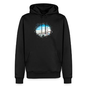 Es zeigt die Golden Gate Bridge Design - Männer Premium Bio Hoodie - Schwarz - Vorne - Nico (187cm)