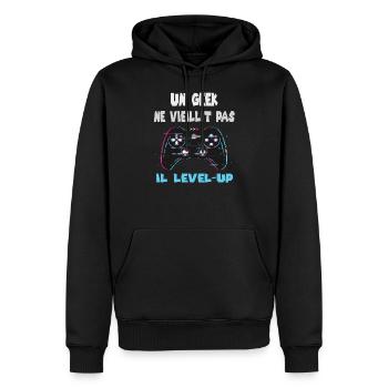 un geek ne vieillit pas il level up - Sweat à capuche Premium bio Homme - noir - Devant - Nico (187cm)