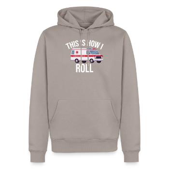 So rolle ich Ambulanz Parademic EMT - Männer Premium Bio Hoodie - Taupe - Vorne - Nico (187cm)