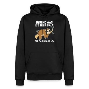 Irgendwas ist hier faul Faultier Faulenzer - Männer Premium Bio Hoodie - Schwarz - Vorne - Nico (187cm)
