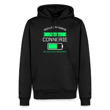 PROCHAINE CONNERIE cadeau humour - Sweat à capuche Premium bio Homme - noir - Devant - Nico (187cm)