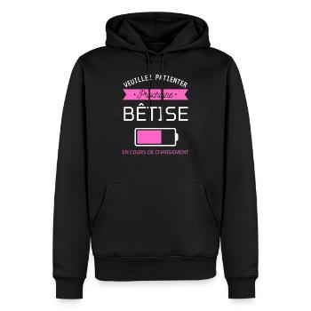 PROCHAINE BÊTISE cadeau humour - Sweat à capuche Premium bio Homme - noir - Devant - Nico (187cm)