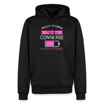 PROCHAINE CONNERIE cadeau humour - Sweat à capuche Premium bio Homme - noir - Devant - Nico (187cm)
