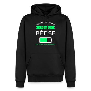PROCHAINE BÊTISE cadeau humour - Sweat à capuche Premium bio Homme - noir - Devant - Nico (187cm)