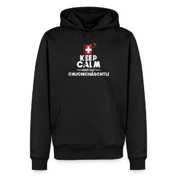 Keep calm and say CHUCHICHÄSCHTLI Gift - Men’s Premium Organic Hoodie - black - Front - Nico (187cm)