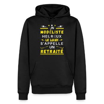 Un modéliste heureux le lundi s'appelle retraité - Sweat à capuche Premium bio Homme - noir - Devant - Nico (187cm)