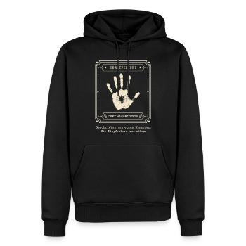 Zertifiziert menschlich — Tippfehler inklusive - Männer Premium Bio Hoodie - Schwarz - Vorne - Nico (187cm)