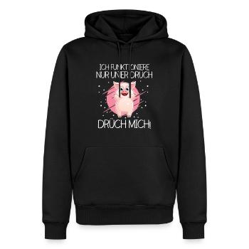 Ich funtioniere nur unter Druck. Drück mich. - Männer Premium Bio Hoodie - Schwarz - Vorne - Nico (187cm)