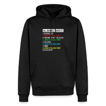 Ma journée parfaite jeux vidéo de gamer - Sweat à capuche Premium bio Homme - noir - Devant - Nico (187cm)