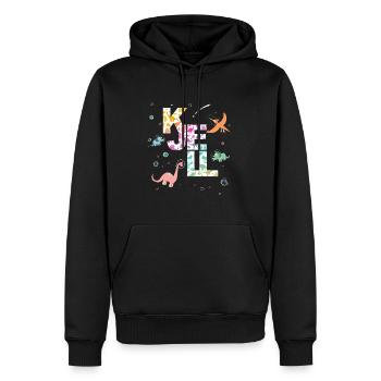 KJELL - Beautiful boy name with cute dinosaurs - Men’s Premium Organic Hoodie - black - Front - Nico (187cm)
