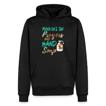 Running On Prayers and Hand Soap - Men’s Premium Organic Hoodie - black - Front - Nico (187cm)