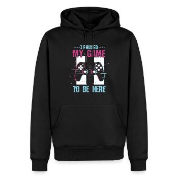 I paused my game to be here - Männer Premium Bio Hoodie - Schwarz - Vorne - Nico (187cm)