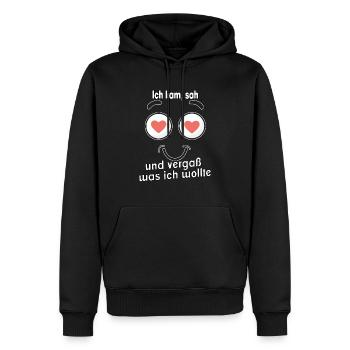 Ich kam, sah und vergaß was ich wollte. - Männer Premium Bio Hoodie - Schwarz - Vorne - Nico (187cm)