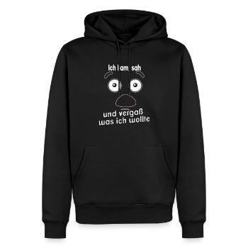Ich kam, sah und vergaß was ich wollte. - Männer Premium Bio Hoodie - Schwarz - Vorne - Nico (187cm)