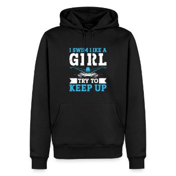 Schimmer Schwimmen Je nage comme une fille J’essaie de garder - Sweat à capuche Premium bio Homme - noir - Devant - Nico (187cm)