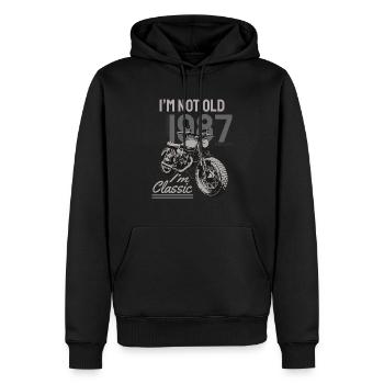 Je ne suis pas vieux, je suis classique. Anniversaire motard 1987 - Sweat à capuche Premium bio Homme - noir - Devant - Nico (187cm)