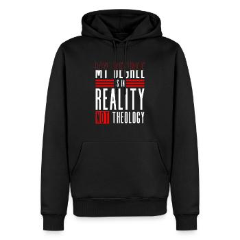 Mein Abschluss ist in der Realität, nicht in der - Männer Premium Bio Hoodie - Schwarz - Vorne - Nico (187cm)