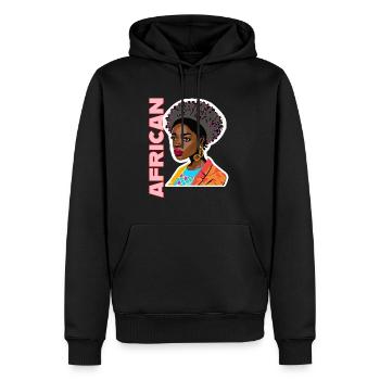 Schwarze Dame mit Schriftzug African - Männer Premium Bio Hoodie - Schwarz - Vorne - Nico (187cm)