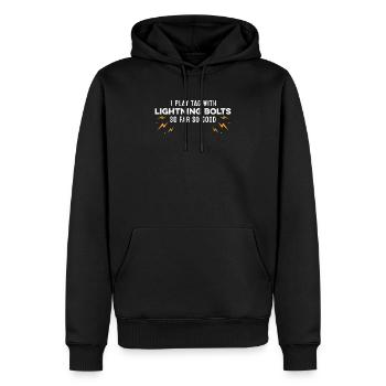 Ich spiele Fangen mit Blitzen, so weit, so gut - Männer Premium Bio Hoodie - Schwarz - Vorne - Nico (187cm)