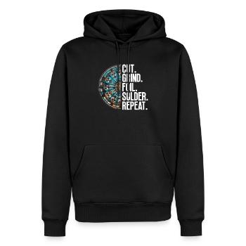Schneiden. Schleifen. Folieren. Löten. - Männer Premium Bio Hoodie - Schwarz - Vorne - Nico (187cm)