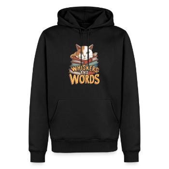 Whiskers and Words': Wo Neugier auf Gemütlichkeit - Männer Premium Bio Hoodie - Schwarz - Vorne - Nico (187cm)