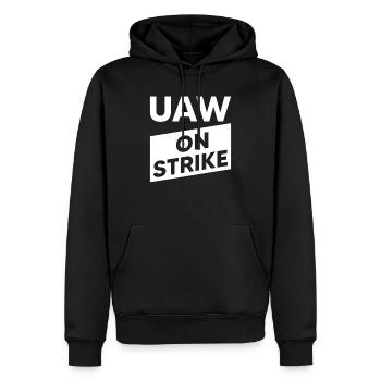 UAW streikt - Gemeinsam für einen starken Vertrag - Männer Premium Bio Hoodie - Schwarz - Vorne - Nico (187cm)