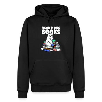 Eisbär liebt Literatur und sitzt auf Bücher - Männer Premium Bio Hoodie - Schwarz - Vorne - Nico (187cm)