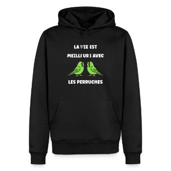 Oiseaux perruches humour petite perruche - Sweat à capuche Premium bio Homme - noir - Devant - Nico (187cm)