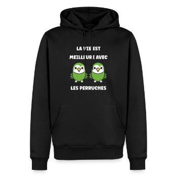 Oiseaux perruches humour petite perruche - Sweat à capuche Premium bio Homme - noir - Devant - Nico (187cm)